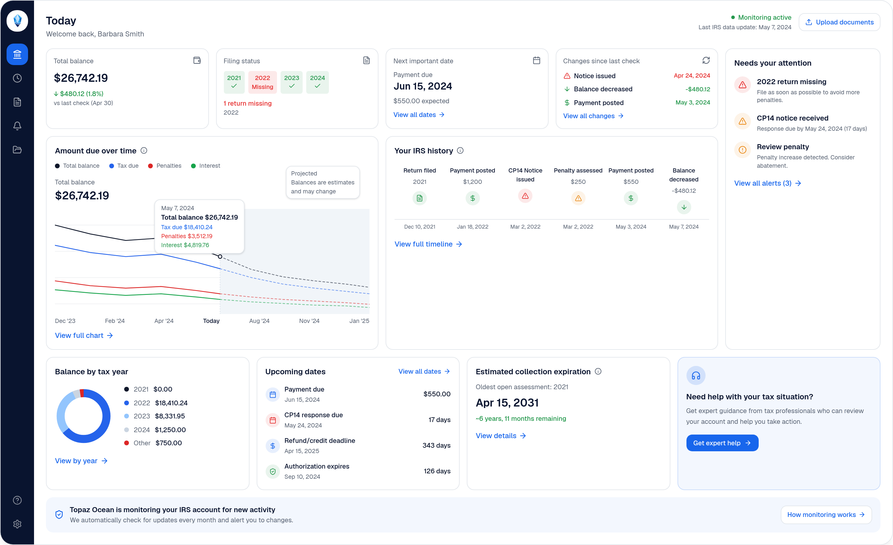 Topaz Ocean dashboard showing IRS balance, filing status, account changes, tax history, upcoming dates and collection information.